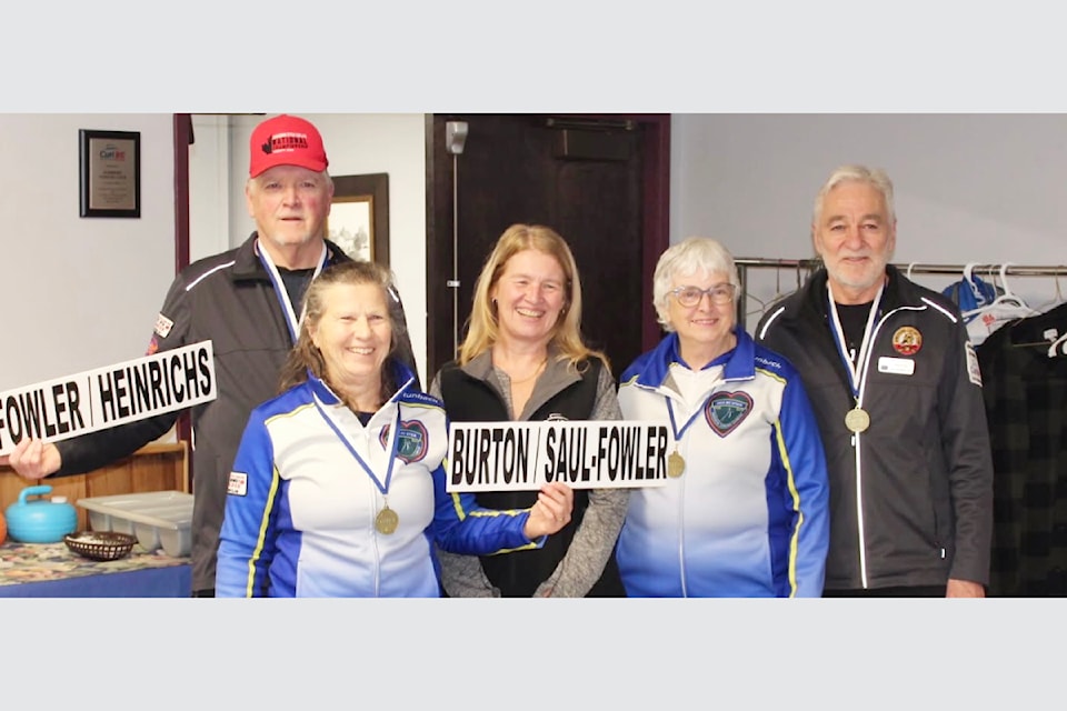 Armstrong Sweeps to gold during the B.C. Stick Curling Championships at the Barriere Curling Club arena Feb. 6 - 8. 
(From L to R): Bill Fowler, Kathy Saul-Fowler, Curl BC Liaison Pauline Piller, Louise Burton, and Wayne Heinrichs receive gold in the Women’s and Open categories.