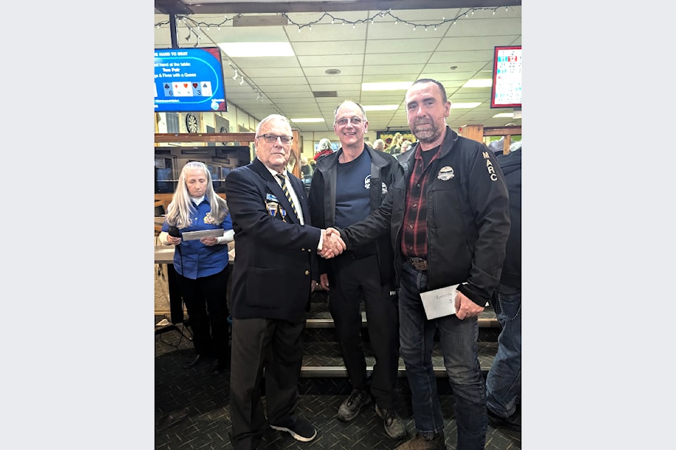 The Royal Canadian Legion #242 in Barriere donated $880.00 to the Barriere Search and Rescue on Feb. 22. (From L - R): Legion president, MaryAnne Shewchuk, vice president, Vern Buker, BSAR vice president Terry Corley and BSAR president, Marc Tramblay.  