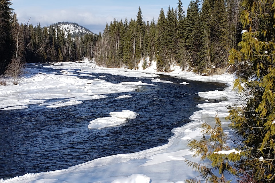 Murtle River and Pyramid Mountain from the Murtle River warming hut and parking area in Wells Gray Park. 