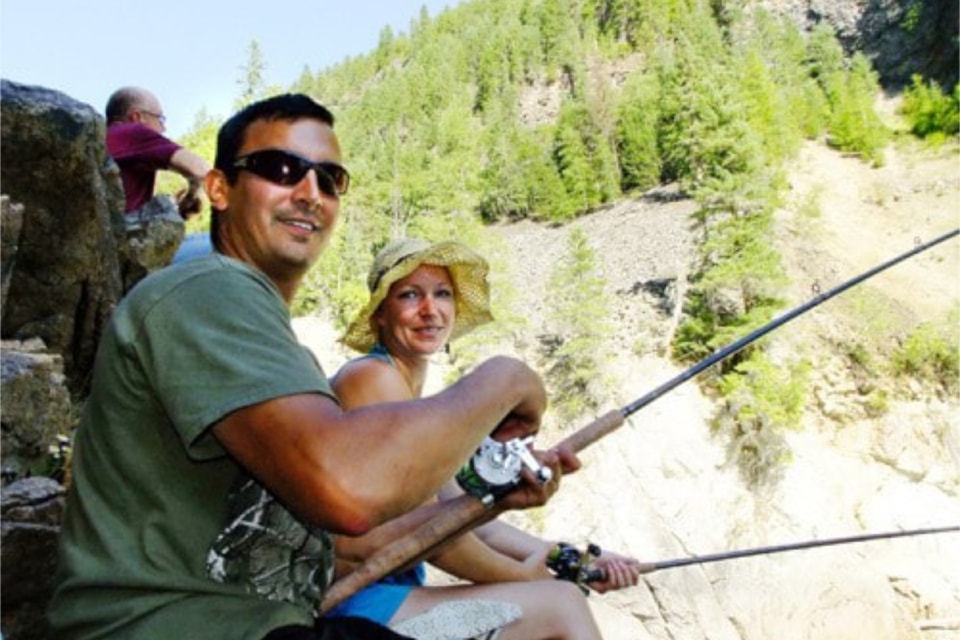 Tumbler Ridge residents Ken and Jen Marsel angle for chinook salmon on the Clearwater River at the Kettle on Tuesday - the last day of the annual fishery held each August on the river. The couple caught several fish during their stay and even let a 25-pounder go (a female loaded with eggs). Ken Marsel has relatives in the area and has been fishing the Clearwater every year since he was 12 years old.