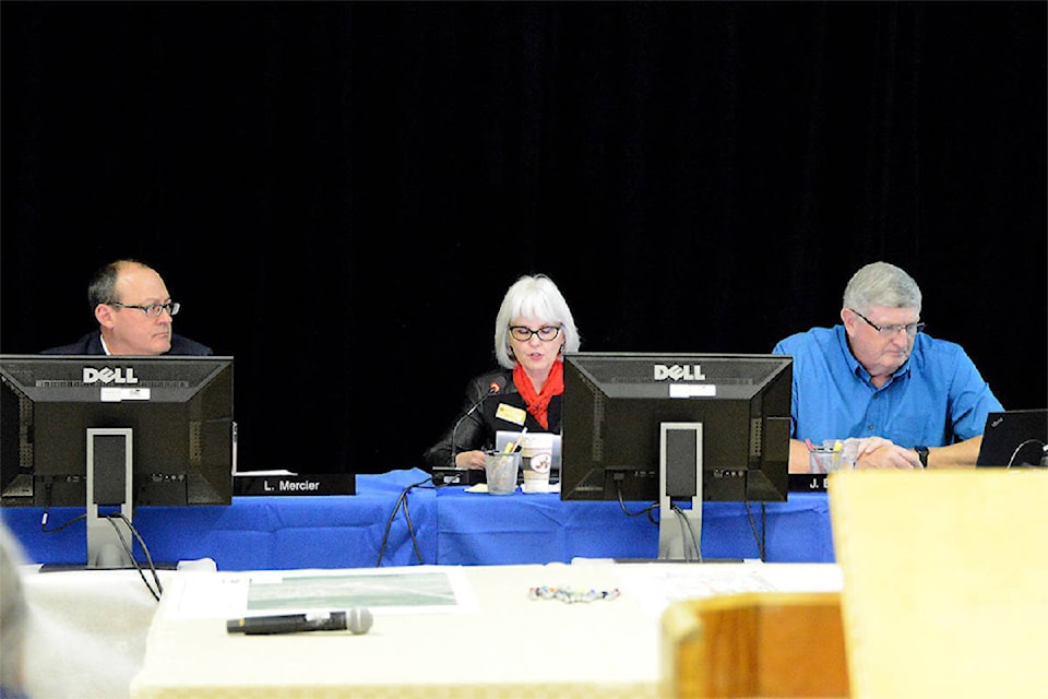 Members of the National Energy Board (l-r) Shane Parrish, panel chair Lyne Mercier and Jamie Ballem get ready to listen to presentations during hearings held March 5, 6 and 7 in Clearwater to look at routing details of the Trans Mountain pipeline expansion project.