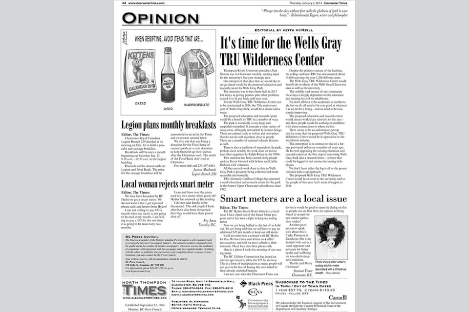 An editorial about the desirability of an education and research station for Wells Gray Park was one of the features on the Times' prize-winning editorial pages of Jan. 2, 2015. The newspaper won the same award from Canadian Community Newspaper Association in 2011 and 2014.
