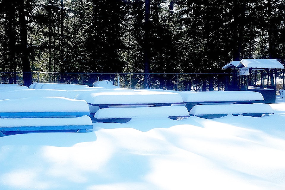 There seems to have been plenty of snow come down this winter in Barriere and the surrounding area.

This photograph was taken at the fairgrounds in Barriere on Wednesday Feb. 7, 2018 and shows rows of double stacked picnic tables under a thick blanket of snow.