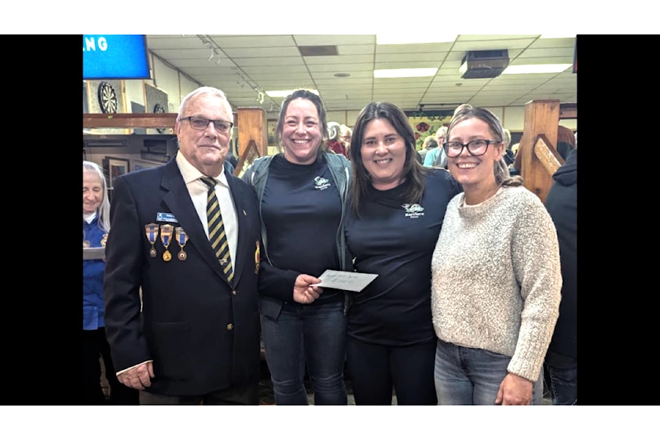Barriere Youth Soccer received a cheque for $1500.00 from the Royal Canadian Legion Branch 242 on Feb. 22. (From L - R): Legionnaire, MaryAnn Shewchuck, Legion vice president, Vern Buker and meat draw coordinater, Ashley MacDougall, BYSA treasurer, Nikki Shewan BYSA director, Jodi Fennell BYSA President.