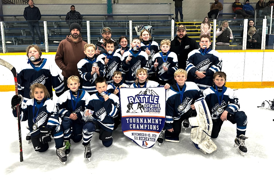 Battle of the Biscuit in Kamloops November 8-10 1ST Place
Back row from L - R: Coaches Nelson Hindle and Jamie Wilkinson, Amy Elliot, Jolee Chenier, Coach Darcy Elliot
Middle row - From L - R: Chloe Fleming, Nelis Prinsloo, Weston Salle, Hudson Atwater, Logan Stewart, Everett Westerveld-Leger
Front row - From L - R: Emma Elliot, Grayden Hindle, Emmett Wicks, Finn Wilkinson, Carter Fulop, William Cox, Harvest Howes