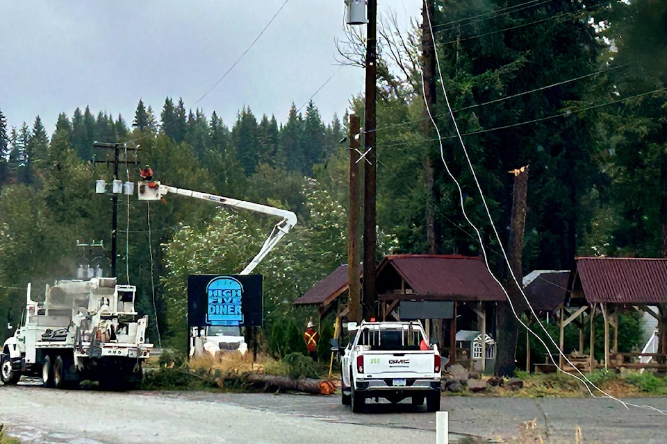 On Saturday, Aug. 24, BC Hydro crews in Little Fort were still repairing damage from the violent storm that rolled through the North Thompson on Friday. 