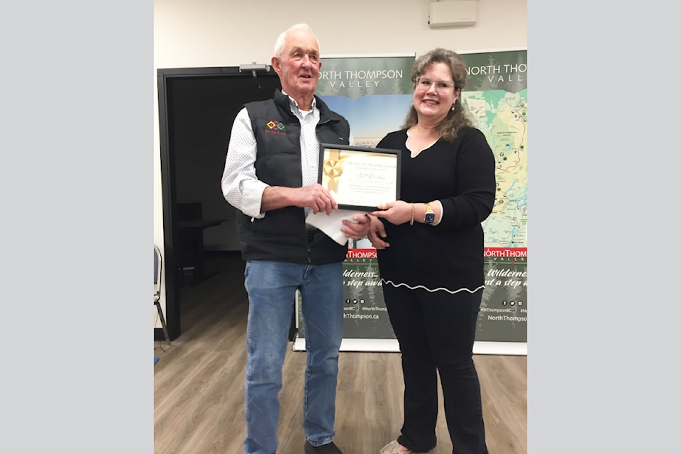 (From L - R): Bill Kershaw and newly elected Barriere Chamber president, Grace Baker. Baker presented a lifetime membership to the organization to Kershaw on March 4 to honour his many years of service. 