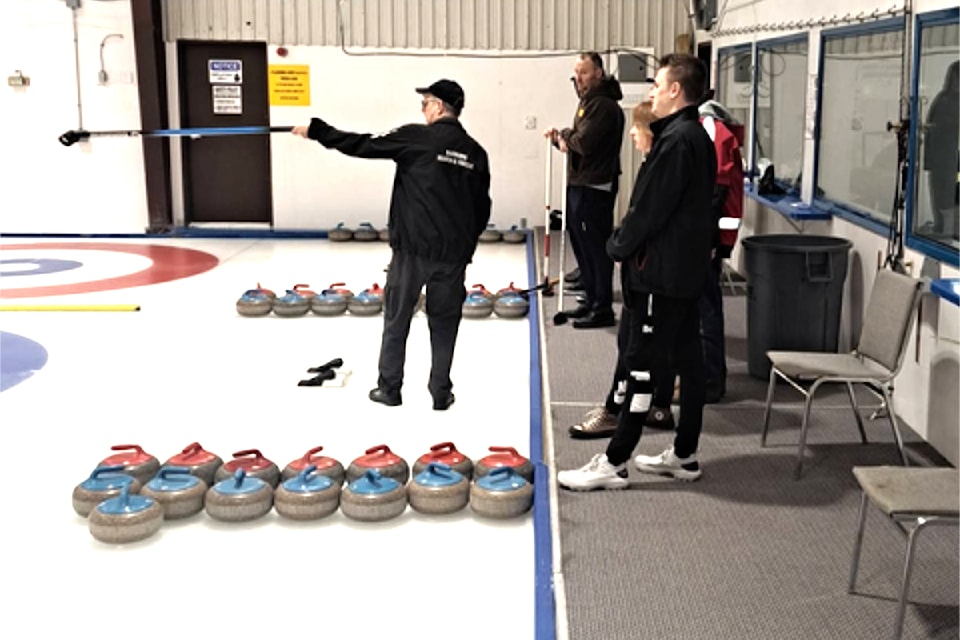 Terry Corley from Barriere SAR doing a learn to curl session before the bonspiel started on March 8 at the Barriere Curling Club arena. 