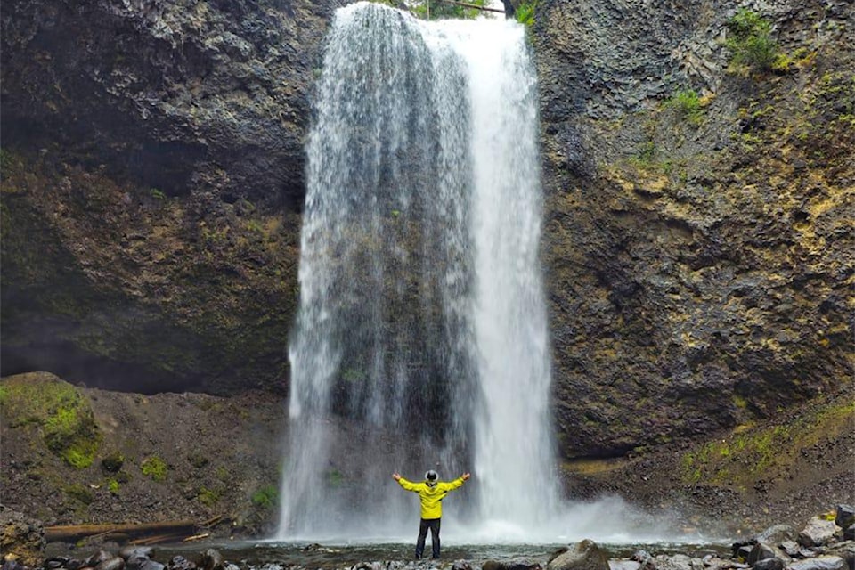 Adventurer and Freelance Photographer, Chance Breckenridge enjoying a rainy day at Moul Falls in Wells Gray Park on the weekend. 