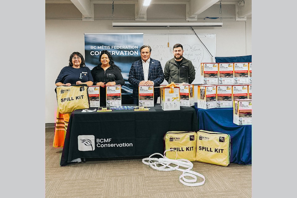 During an April 12 luncheon in Clearwater the NTACCS received 30 WASP sprinklers and four spill kits from the BC Métis Federation to be distributed to seniors and families. (From L - R): Cindy Wilgosh, executive director for the NTACCS, Angel Fisher BCMF conservation team lead, Zia Yazdani BCMF Conservation Manager and Keith Henry, president of the BC Metis Federation. 