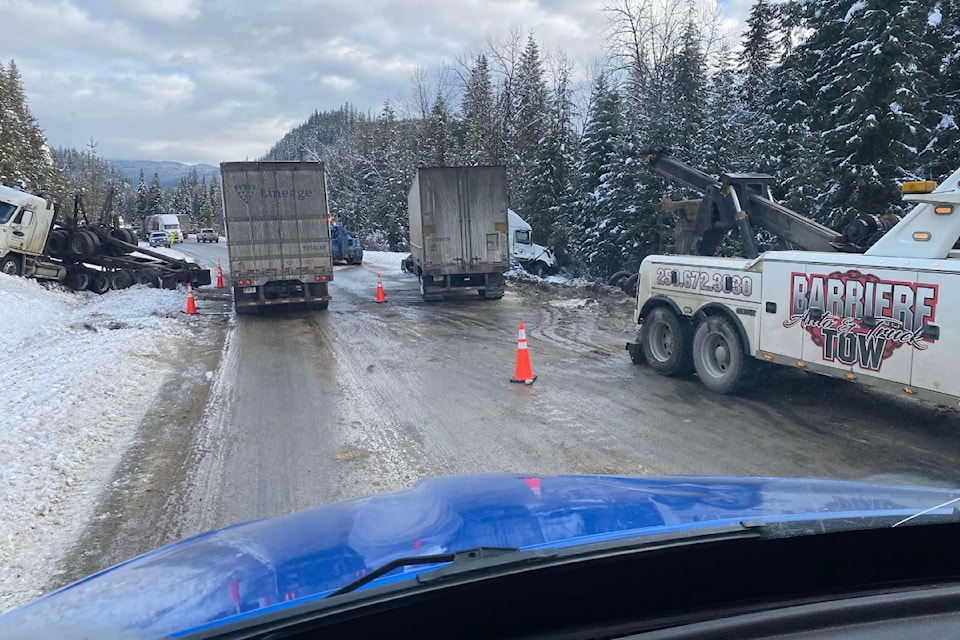 An early morning crash on Saturday, January 11 forced the closure of Highway 5 in both directions approximately 20 kilometres north of Vavenby and 18 kilometres south of Avola. Three semis were involved and recovery is underway. All three drivers are uninjured. 