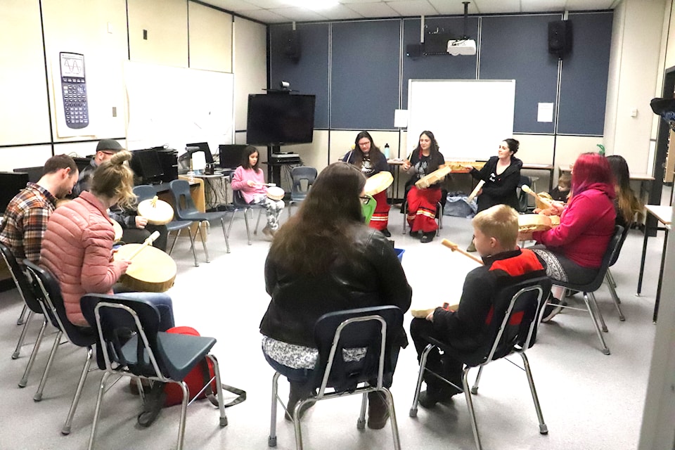North Thompson Aboriginal Cultural Centre drumming circle on Family Day in Clearwater at CSS, Feb. 17.