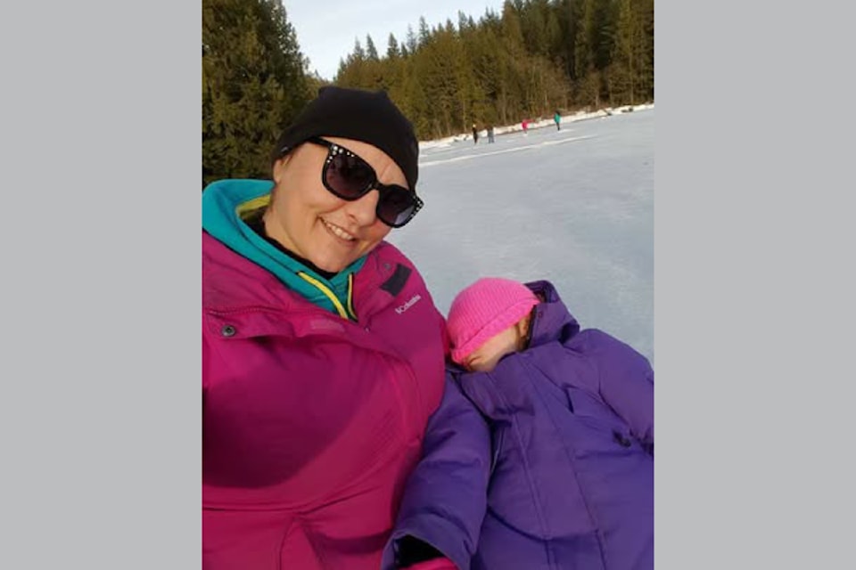 Jeanne Thompson and her sleepy little girl Jayden at Mill Pond, a Barriere skating pond on Family Day. A favourite family memory. 