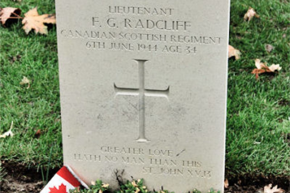 Headstone for F.G. Radcliff who died during World War II on June 6, 1944 at age 34. Killed in action in the Bur du Mer area.