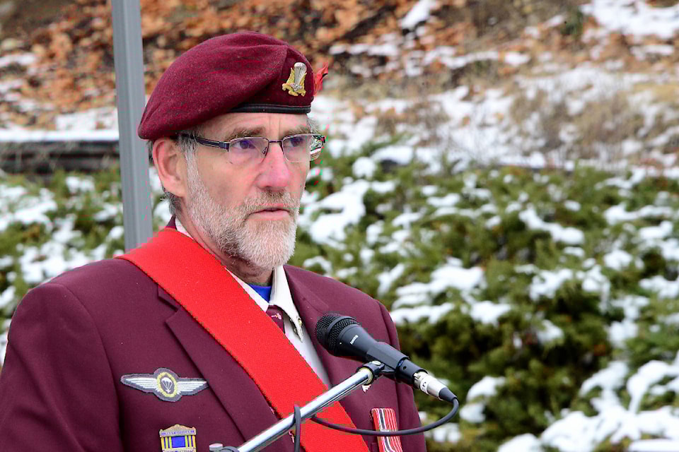 Parade marshall Randy Hedlund is a former paratrooper, speaking at Remembrance Day ceremony in Clearwater on Nov. 11, 2017.