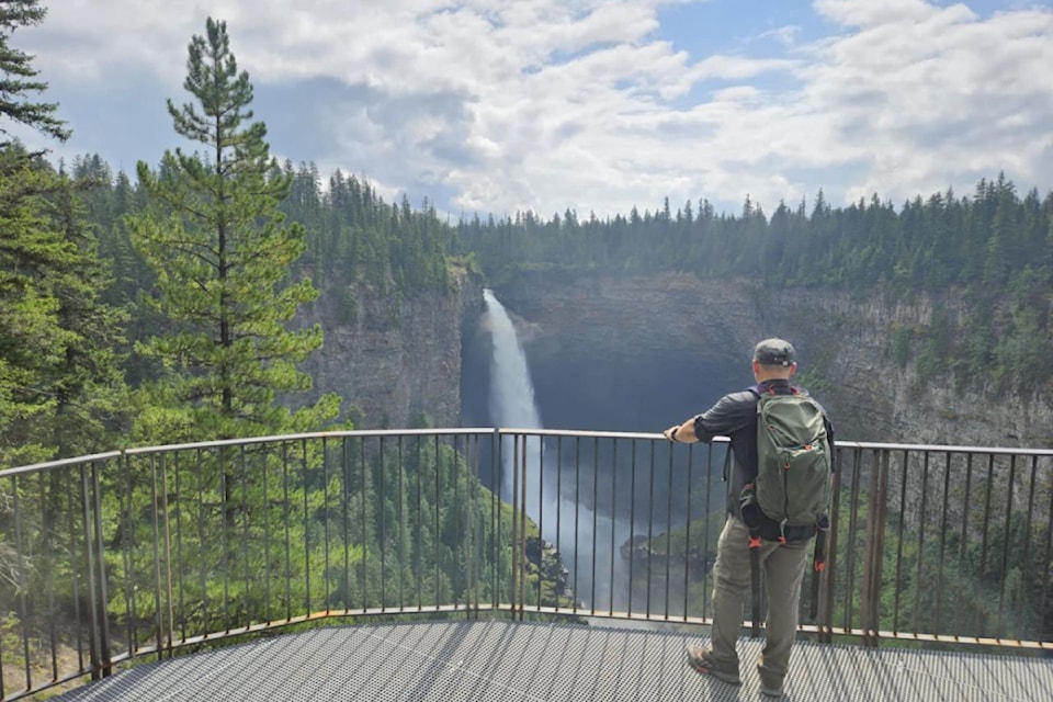 Local adventure guide, firefighter and newly appointed FireSmart Coordinator, Chance Breckenridge at the new viewing platform for Helmcken Falls in Wells Gray Park. "My favourite place to be." 