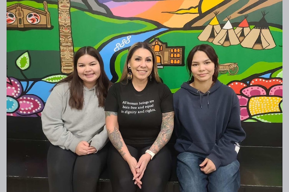 Two sisters from Barriere were awarded a grant in February to launch a program to encourage Indigenous and minority youth at their school (From L – R): Jayde Nickel a Grade 10 student Kamloops Christian School (KCS), teacher, Candi Kay (Indigenous Student Support Teacher- KCS), and Taya Nickel a Grade 10 student KCS.
