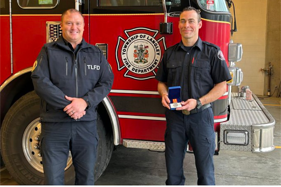 Fire Chief de Roy presented firefighter Jeremy Buck with the Federal Exemplary Service Medal for 20 years of service in Dec. 2023. In 2026 Jeremy will have served for 25 years in total including paid-on-call.