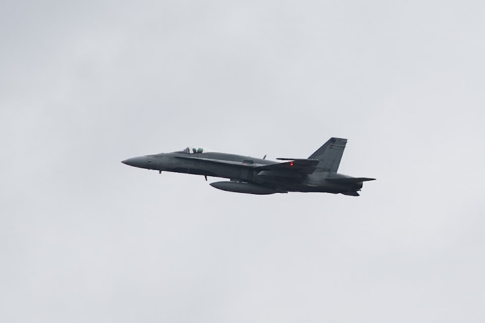 A F-18 fighter jet from Cold Lake, AB made an unexpected appearance in the North Thompson Valley on Nov. 11 during Remembrance Day following ceremonies in Kamloops.