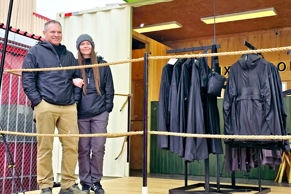 Mike Nasadyk and Mattea Madsen owners of Six Seasons Hiking Apparel in their pop-up container store on March 15 at Kamloops Hillside Canadian Tire are looking at setting up a manufacturing facility in Clearwater, B.C. 
