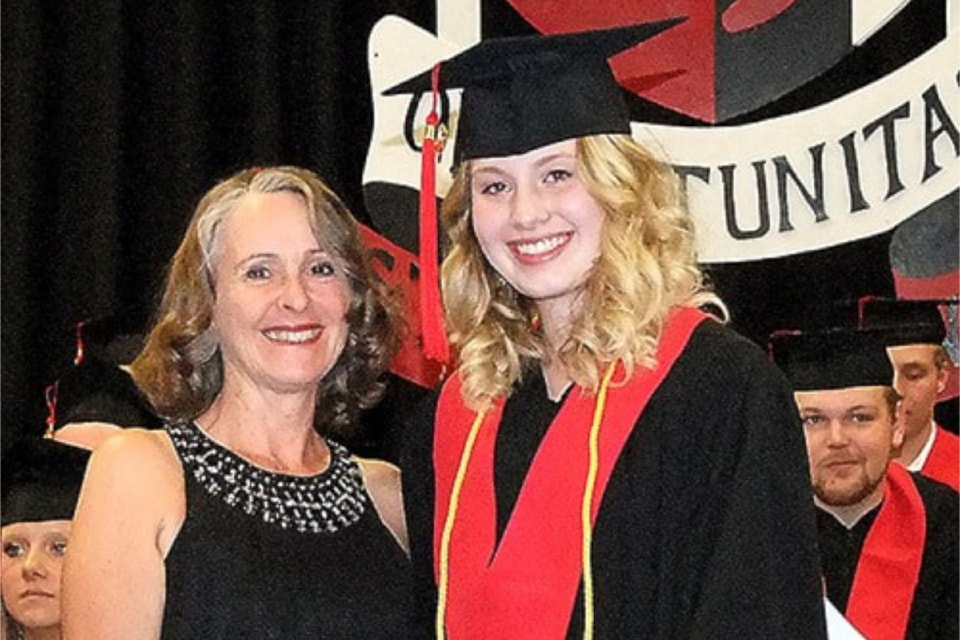 (From Left to Right): Thompson Rivers University local coordinator Sylvia Arduini congratulates Kaitlynn VanderZwan after presenting her with the TRU Board of Governors Regional High School Entrance Scholarship. 
Photo / Keith McNeill 