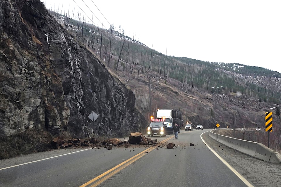 A rock slide has covered the northbound lane of Highway 5 south of Barriere on Dec. 9 at approximately 9:30 a.m. Drivers travelling the highway in both directions are urged to use caution until the road is cleared. 