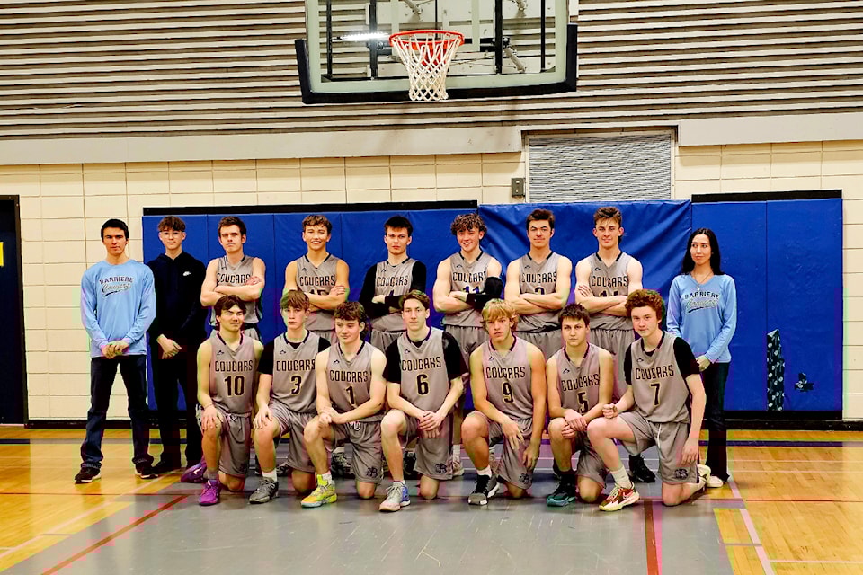 The Barriere Secondary Senior Boys basketball team are on their way to the finals - Okanagan Championships. Back row (From L – R): Assistant coach Cameron Salle, team manager Dylan Matthews, Lucas Jorgenson, Reegan Willms, Chase Walker, Curtis Farrow, Jeremy Salle, Austin Davis, coach Kiera Eustache

Front row (From L – R): Patrick Appel, Tyson Matthews, Thomas Pullen, Cayden Hockridge Johnson, Gage Berube, Wyatt Keating, Logan Abel 
