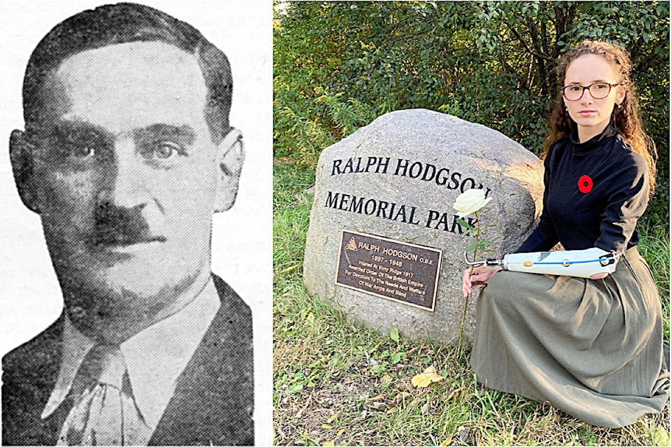 Rachel Quilty, a graduate of The War Amps Child Amputee (CHAMP) Program, pays tribute to Ralph Hodgson at Ralph Hodgson Memorial Park in Port Hope, Ontario

