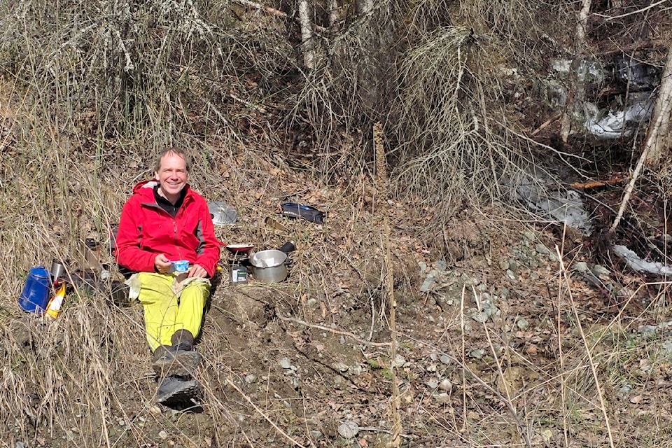 A chance meeting along Highway 5 with Warren Lamb, on April 7 who had stopped on his trip from Edmonton to the Shushwap, Penticton and Vancouver "travelling on a whim" because it makes him happy often making breakfast beside a creek along the way. 
