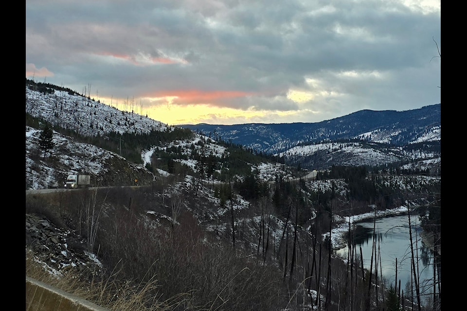 Friday afternoon, January 17, looking south above the flowing North Thompson River showing no signs of icing up as yet. 