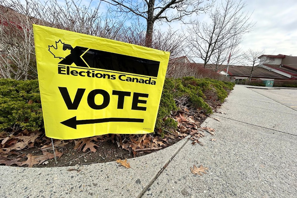 A voting sign is seen Dec. 9 outside AJ McLellan Elementary School for an advance poll during the Cloverdale-  City byelection.