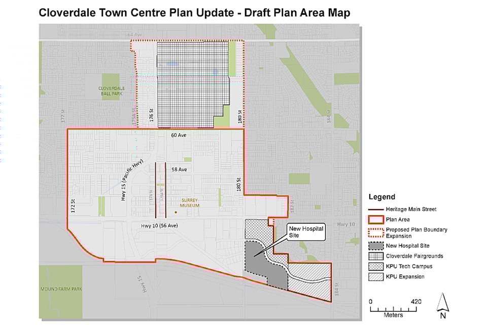 This map shows the proposed town centre plan boundary changes. The plan update proposes to expand the plan boundary to encompass the Cloverdale Fairgrounds and some adjacent areas, as well as some land at the northeast tip of the KPU Tech campus.