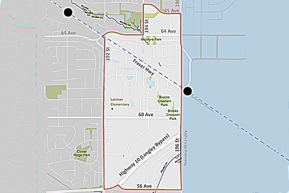 Surrey council has authorized city staffers to develop a new neighbourhood concept plan for the area surrounding the planned 196th Street Skytrain station on the Surrey-91ԭ border in East Cloverdale. Planned stations are noted with black circles and the forthcoming Skytrain line is noted with blue dashes.