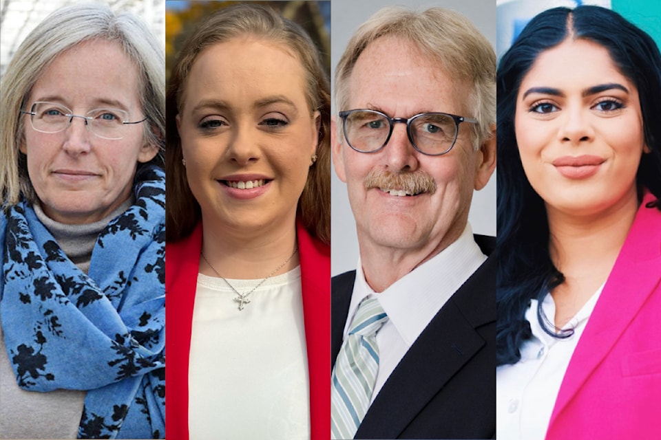Candidates for the federal riding of Cloverdale-Langley City, from left: Tamara Jansen (Conservative), Madison Fleischer (Liberal), Pat McCutcheon (Greens), and Vanessa Sharma (NDP).