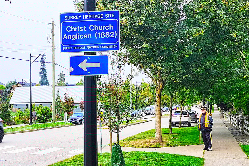 A sign from the Surrey Heritage Advisory Commission notes Christ Church city heritage site as "1882," even though the church was built in 1884.