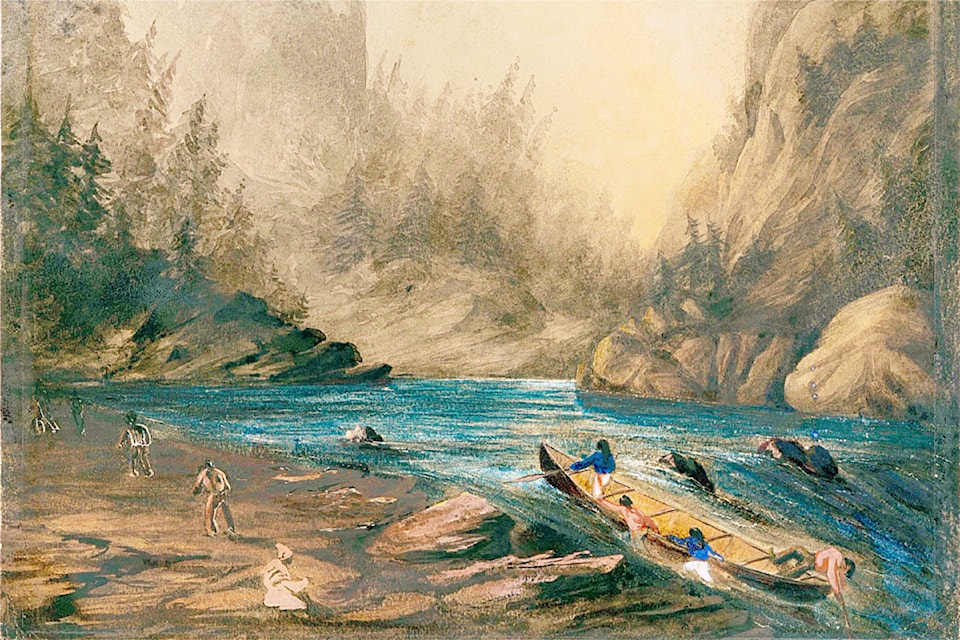 This painting shows the use of a Columbia boat at Death Rapids, just north of Revelstoke. Titled “Hauling Up A Rapid (Les Dalles Des Morts) On The Columbia River,” the artwork was made in 1846 by Sir Henry James Warre. The 1824 James McMillan Expedition used Columbia boats to survey the Nicomekl and Salmon rivers and to search for a suitable site for a future fort, the eventual Fort Langley.