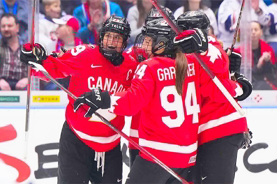 Jennifer Gardiner (#94) celebrates with her teammates during during the 2025 IIHF Women’s World Hockey Championships. Canada found success in the tournament, but ultimately lost in OT in the gold medal game to the U.S.