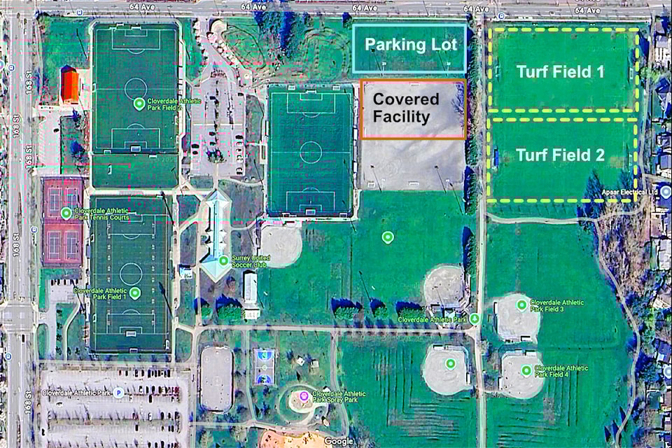Two new turf fields are to be built (yellow-dotted lines) at Cloverdale Athletic Park this spring. The fields will replace two soccer-dedicated grass fields. A parking lot (blue line) is also going to be built over an existing football field. And a new covered training facility is going in overtop half the existing all-weather field at CAP.