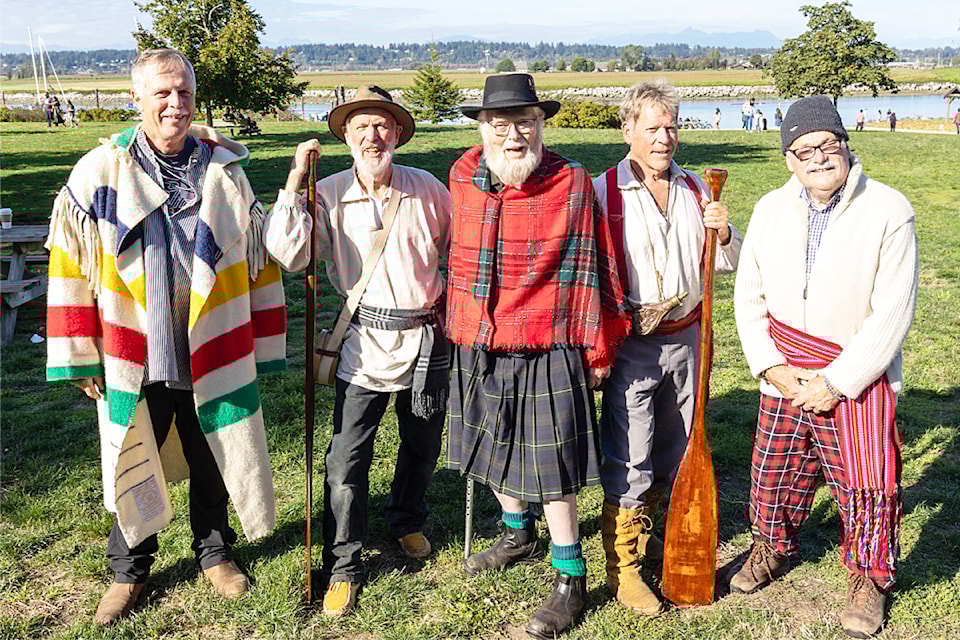 Members of the Surrey Historical Society donned period costumes to perform a play (written by Roger Bose) at Elgin Heritage Park commemorating the bicentennial of the James McMillan Expedition. From left: Frank Bucholtz as John Work, Jim Foulkes as James McMillan, Roger Bose (narrator), Rick Hugh as Thomas McKay, and Michael Gibbs as Francis Annance.