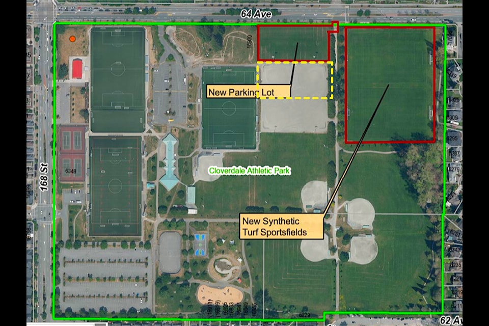 A new covered training facility (yellow-dotted line) is to be built in Cloverdale Athletic Park overtop half the current all-weather field. City council voted Feb. 24 on a partnering agreement with Surrey United Soccer Club that will now allow the indoor training facility to move forward.