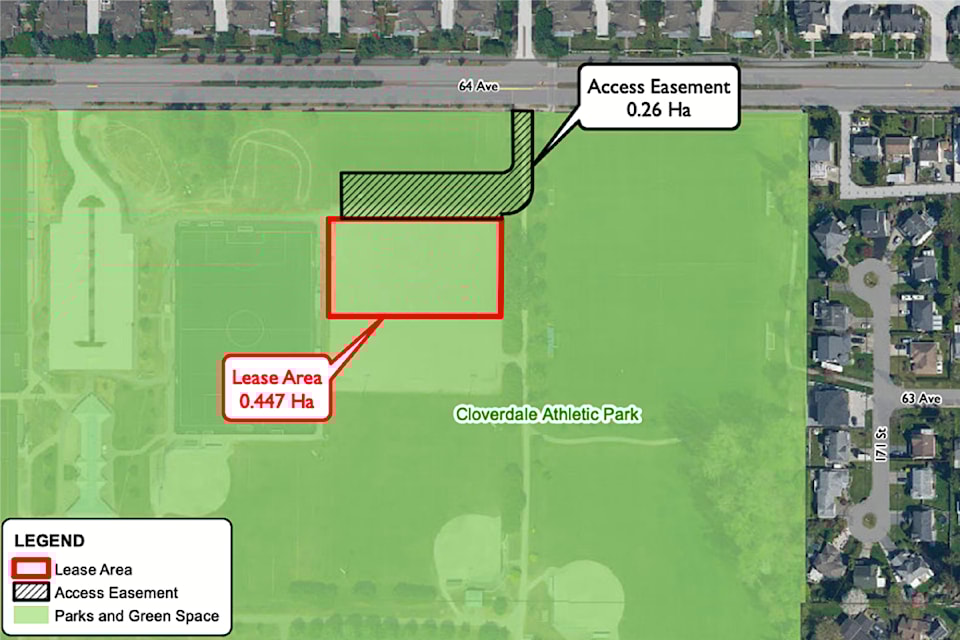 Surrey United Soccer Club will be leasing part of Cloverdale Athletic Park from the city (red-outlined area) where a new covered training facility will be built.