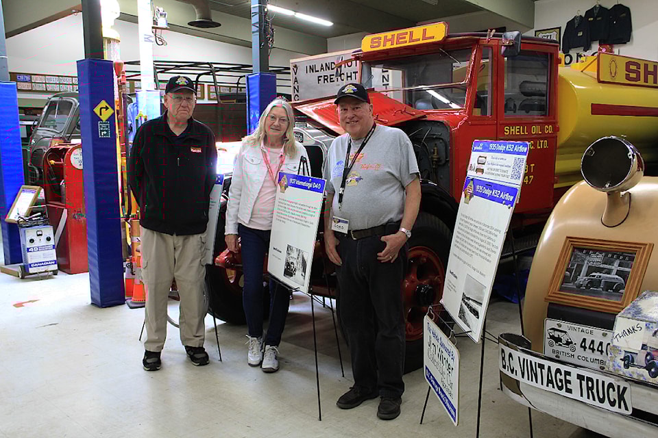 Anna Dean, president of the B.C. Vintage Truck Museum, stands between volunteers Noel Cleveland (left) and Gord Hallam. The museum was given notice in October, 2023, that its lease would end in November, 2027, and they are in desperate search of a new home.
