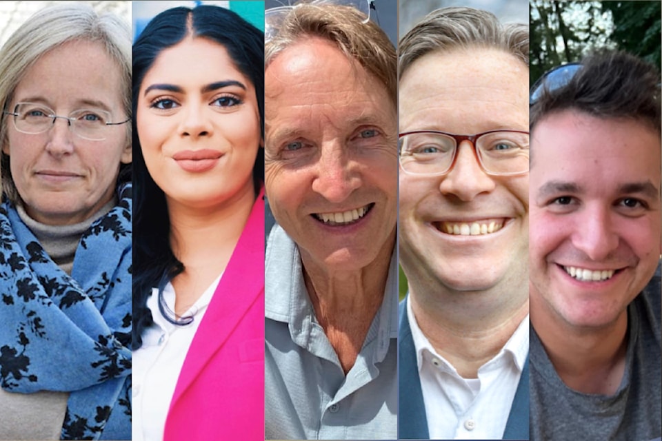 Candidates for the federal riding of Cloverdale-91ԭ City, from left: incumbent Tamara Jansen (Conservative), Vanessa Sharma (NDP), Jim McMurtry (People's Party), Kyle Latchford (Liberal), and Kevin Wilkie (Greens).