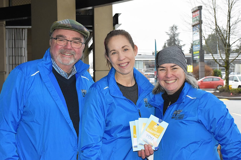 Ernie Daykin, Brenda Norrie and Kim Dumore were drumming up support for the Maple Ridge 2020 BC Summer Games outside the Save-On-Foods at Westgate Shopping Centre on Saturday (Jan 25). (Ronan O’Doherty photo - THE NEWS)