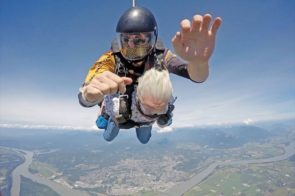 Barbara Renflesh gets the view of a lifetime while skydiving Aug. 30 for the first time at age 90. (Skydive Vancouver photo)