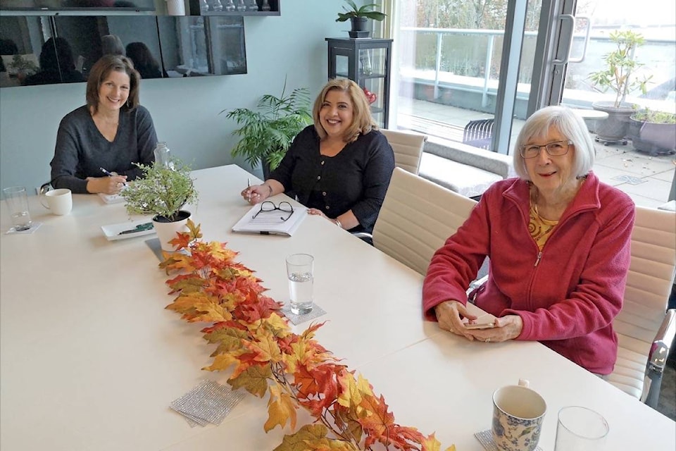 Soroptimist International of White Rock members Sharon Greysen, Jas Salh and Liz Aubert met Wednesday (Oct. 7) to brainstorm ways to boost the club’s membership and fill the fundraising gap that has been felt due to the pandemic. (Tracy Holmes photo)