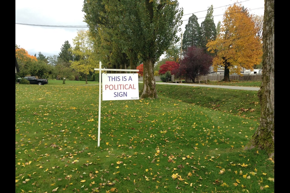 Clayton resident Greg MacRae planted this “lawn art” to protest the proposed changes to the Surrey sign bylaw and to spark a conversation about it among residents. (Photo submitted)