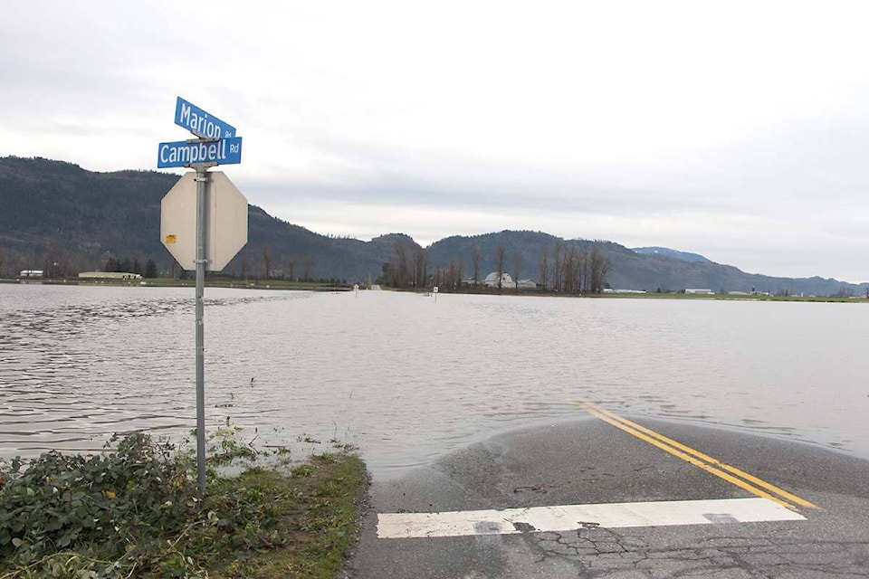 The intersection of Marion and Campbell roads on Sumas Prairie in east Abbotsford on Nov. 22, 2021. (Vikki Hopes/Abbotsford News)