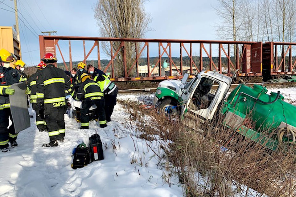One person was injured when a truck was hit by a train Wednesday morning (Special to Langley Advance Times)