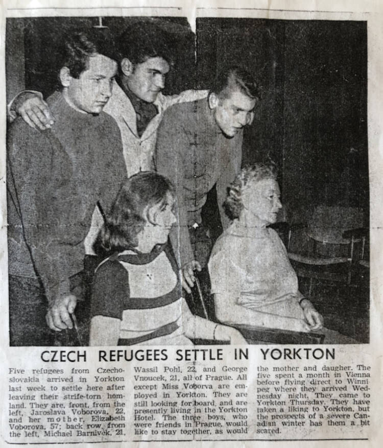 A small article printed in a local paper about the arrival of Czechoslovakian refugees in Yorkton, Sask., in 1968. George Vnoucek, then just 21 years old, is on the far left. Hes standing next to his friends Michael Barnivek (left) and Wassil Pohl (centre), both of whom escaped with him. The two women sitting were also Czech refugees, but Vnoucek didnt know them.